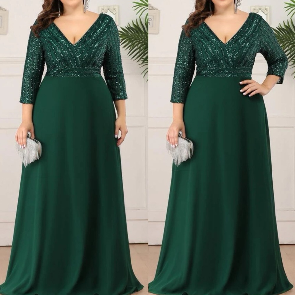 Plus size luxe V neck sequins party formal gown dress